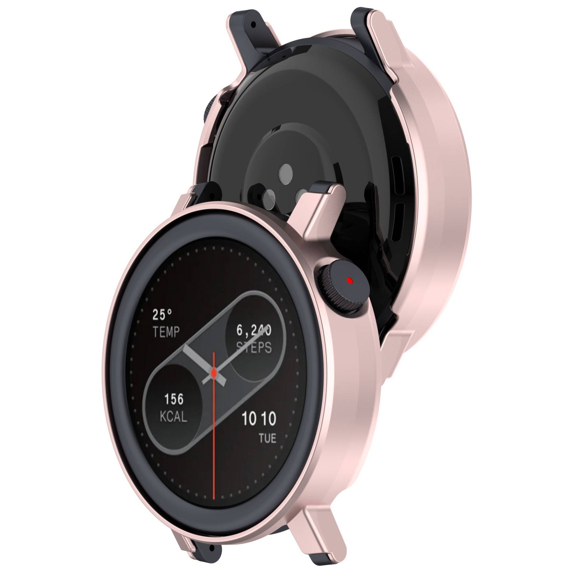Rosegold-Smartwatch mit offener Ladewiege, zeigt ein digitales Fitness-Zifferblatt mit Temperatur, Schritten, Kalorien und Uhrzeit/Datum.