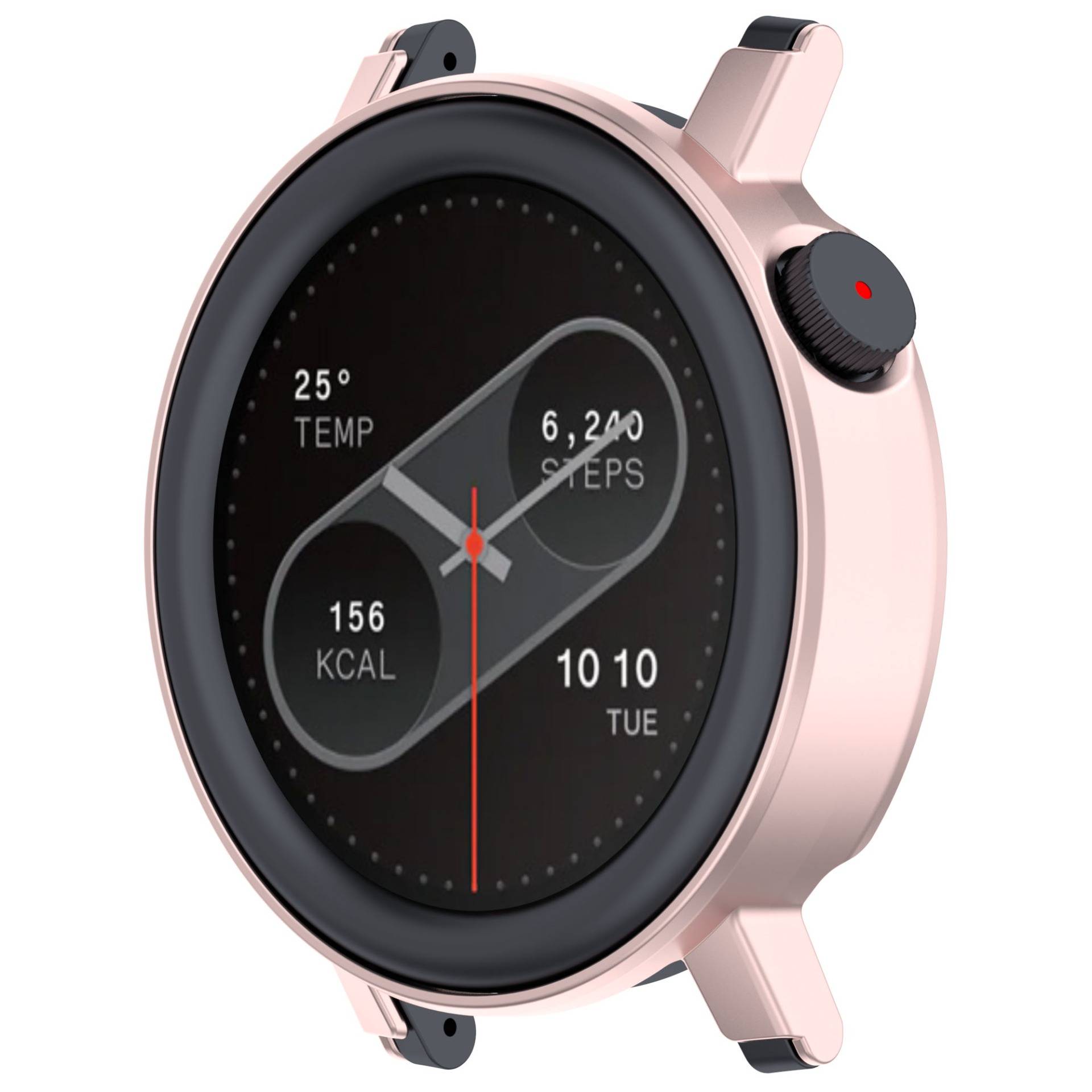 Rosa Smartwatch mit rundem Analogzifferblatt, das 25° Temperatur, 6.240 Schritte, 156 kcal und 10:10 am Dienstag anzeigt.