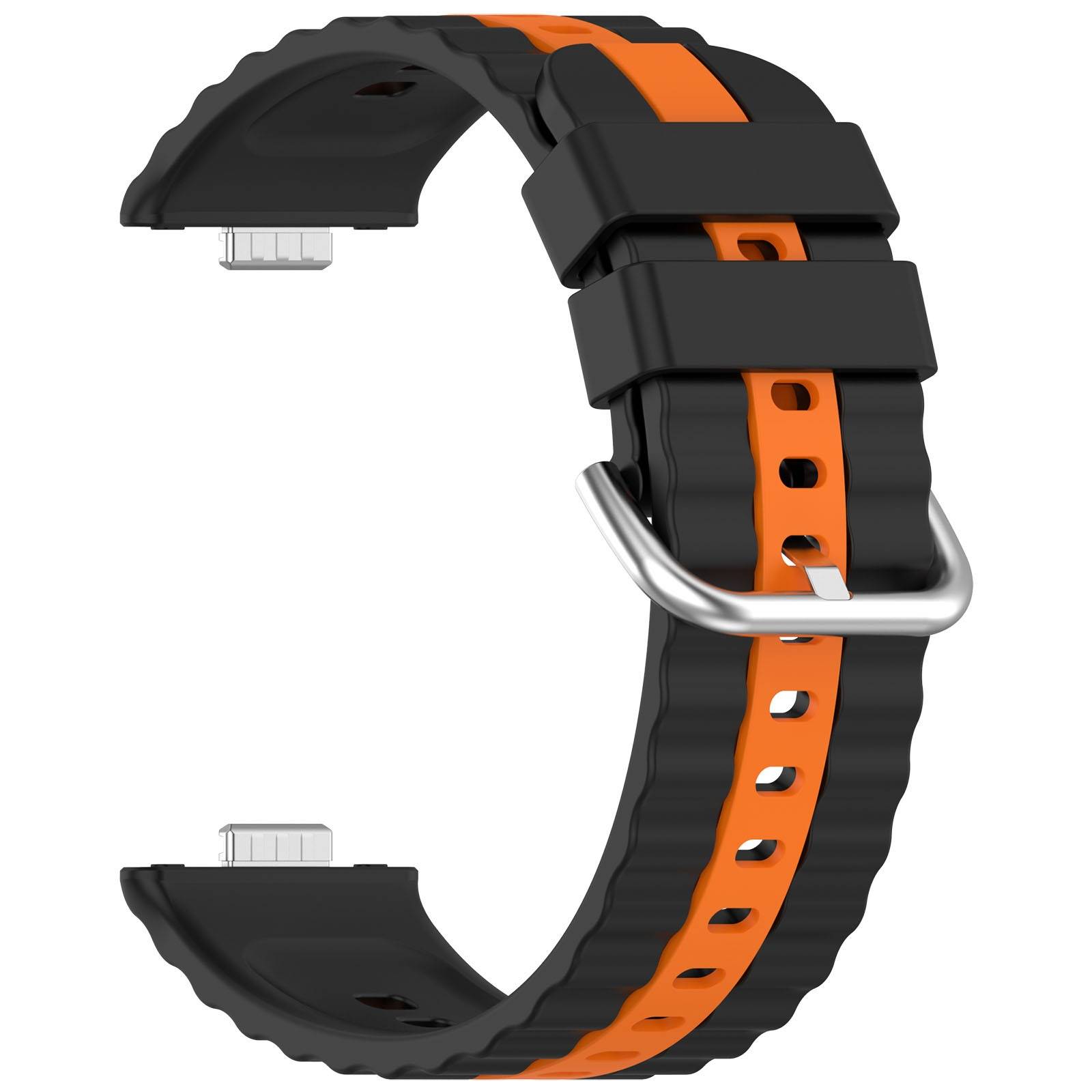 Schwarzes und orangefarbenes Smartwatch-Armband mit silberner Schnalle, isoliert auf weißem Hintergrund dargestellt.