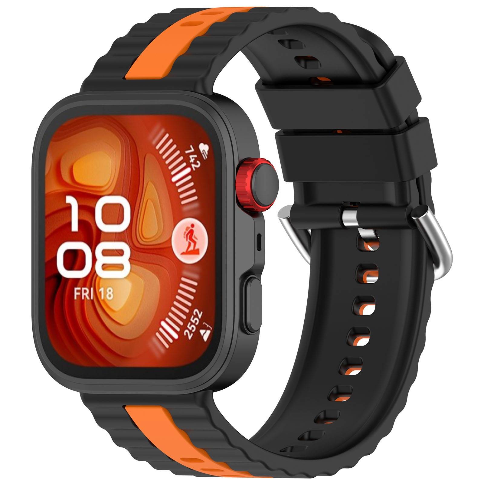 Schwarze und orangefarbene quadratische Smartwatch mit digitaler Zeitanzeige, Fitness-Symbol und schwarzem Silikonarmband, dargestellt in Dreiviertelperspektive.