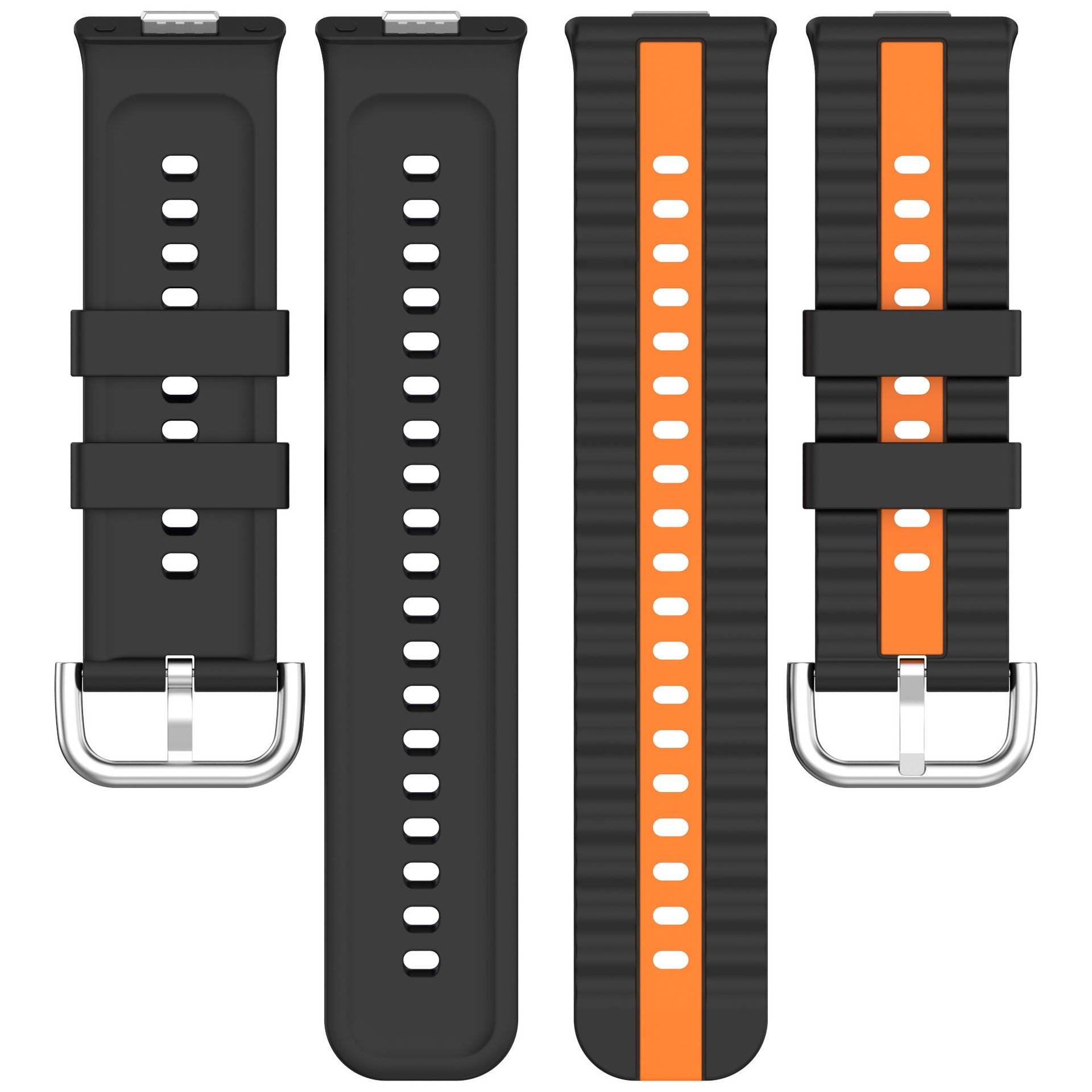 Vier Smartwatch-Armbänder nebeneinander angeordnet: zwei schwarze Silikonriemen und zwei schwarze Riemen mit orangefarbigen Mittelakzenten und silbernen Schnallen.
