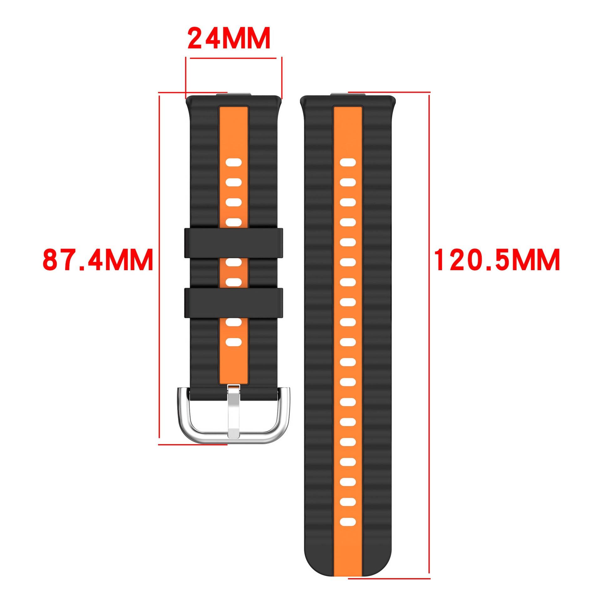 Diagramm eines schwarz-orangefarbenen Uhrenarmband mit Größenbezeichnungen: 24 mm Breite, 87,4 mm kurzer Abschnitt und 120,5 mm langer Abschnitt.