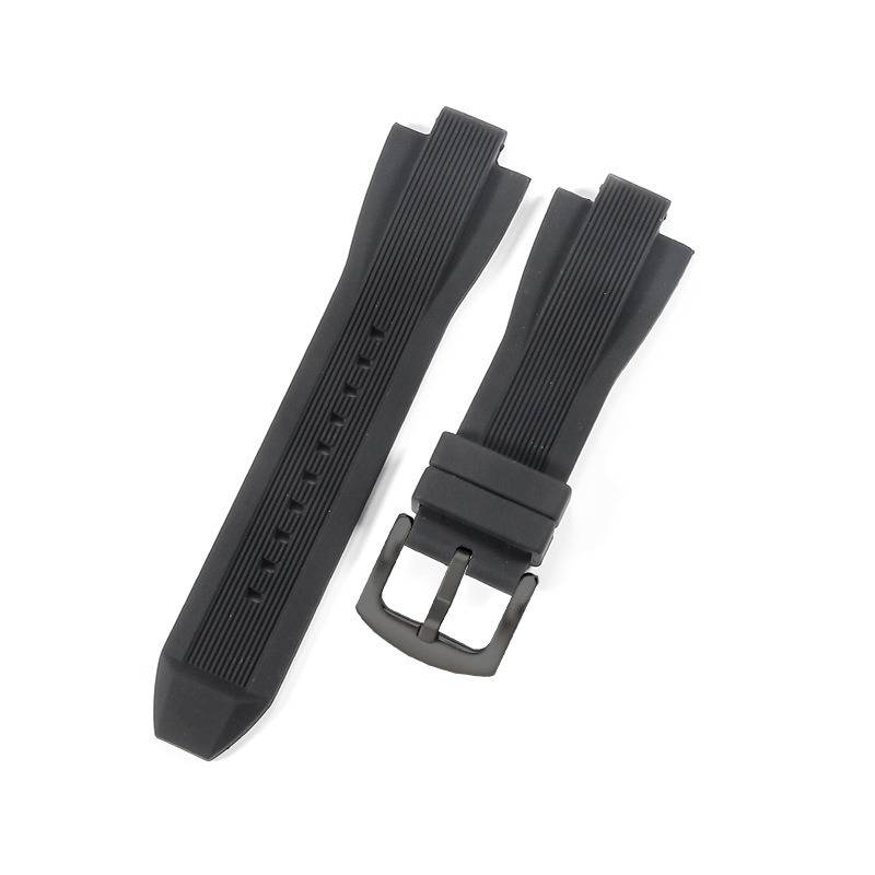 Schwarzes Gummi-Uhrenarmband mit einer Metallschließe, dargestellt in zwei separaten Teilen auf weißem Hintergrund.