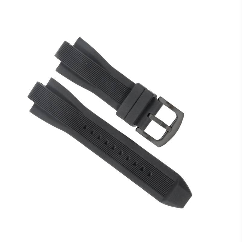 Schwarzes geripptes Uhrenarmband mit Metallschließe, auf weißem Hintergrund in zwei abgelösten Teilen dargestellt.