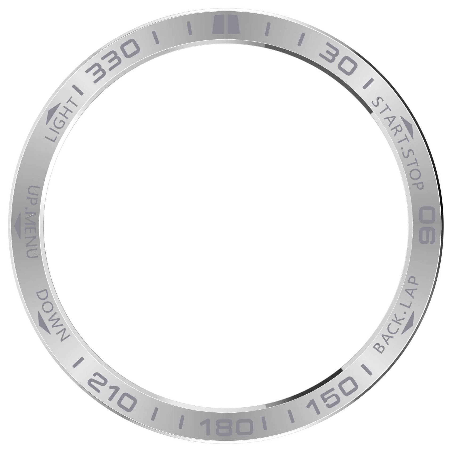 Kreisförmige Uhrenlünette mit eingravierter Markierungen und Modusbezeichnungen: 'LIGHT', 'UP/MENU', 'DOWN', 'START/STOP' und 'BACK/LAP'.