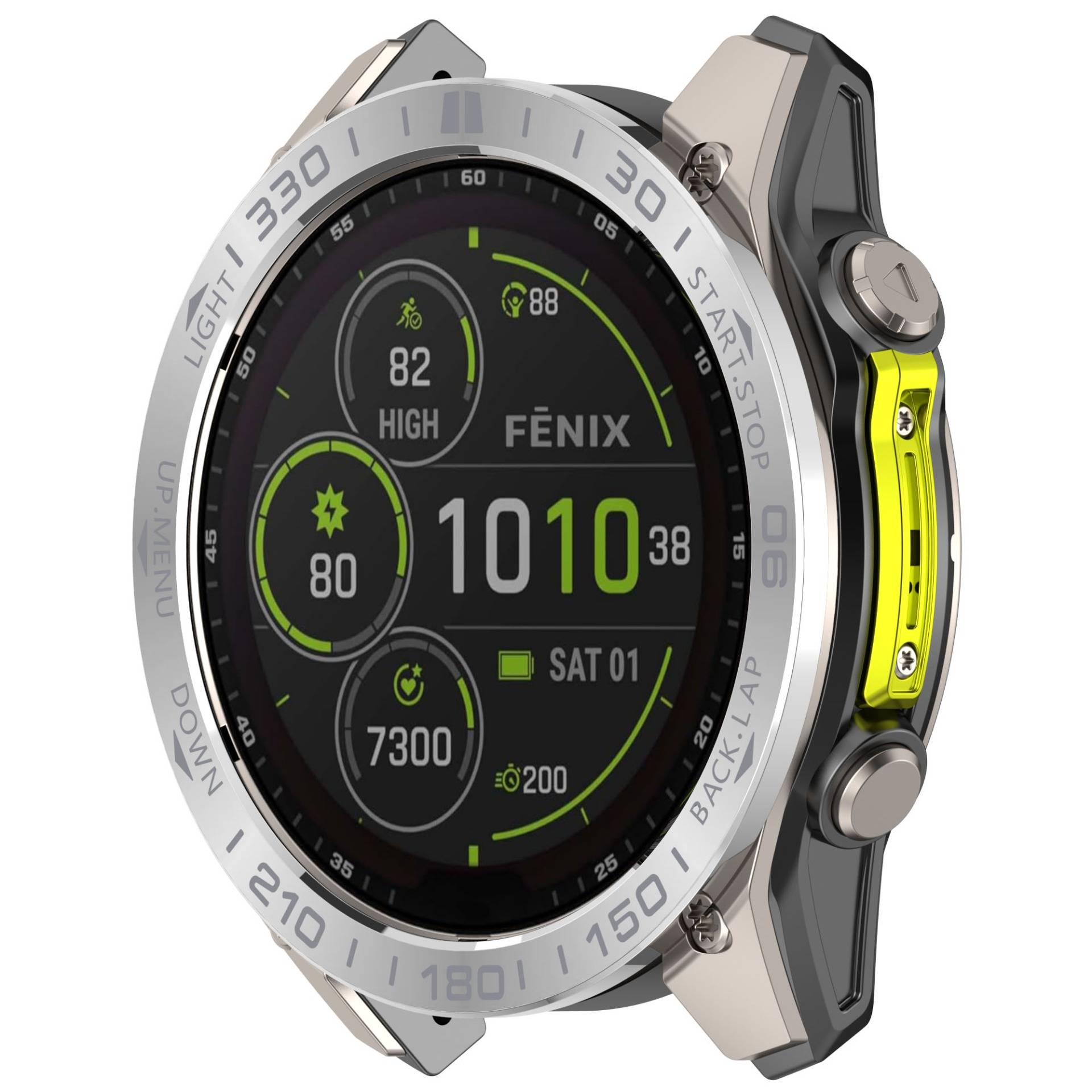 Garmin Fenix Smartwatch mit schwarzem Display und silbernem Rand, zeigt Fitness-Statistiken und die Uhrzeit 10:10, aus einem Winkel betrachtet.