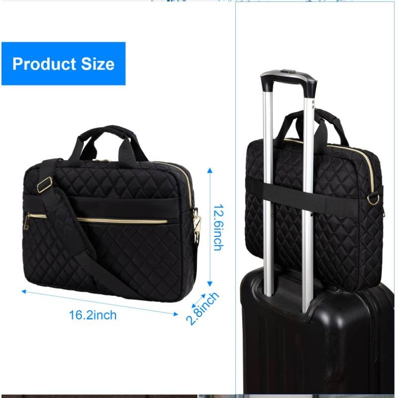 Produktgrößenbild einer schwarzen gesteppten Laptop-Aktentasche, Maße 16,2 x 12,6 x 2,8 Zoll, gezeigt, wie sie getragen und an einem Koffergriff befestigt ist.