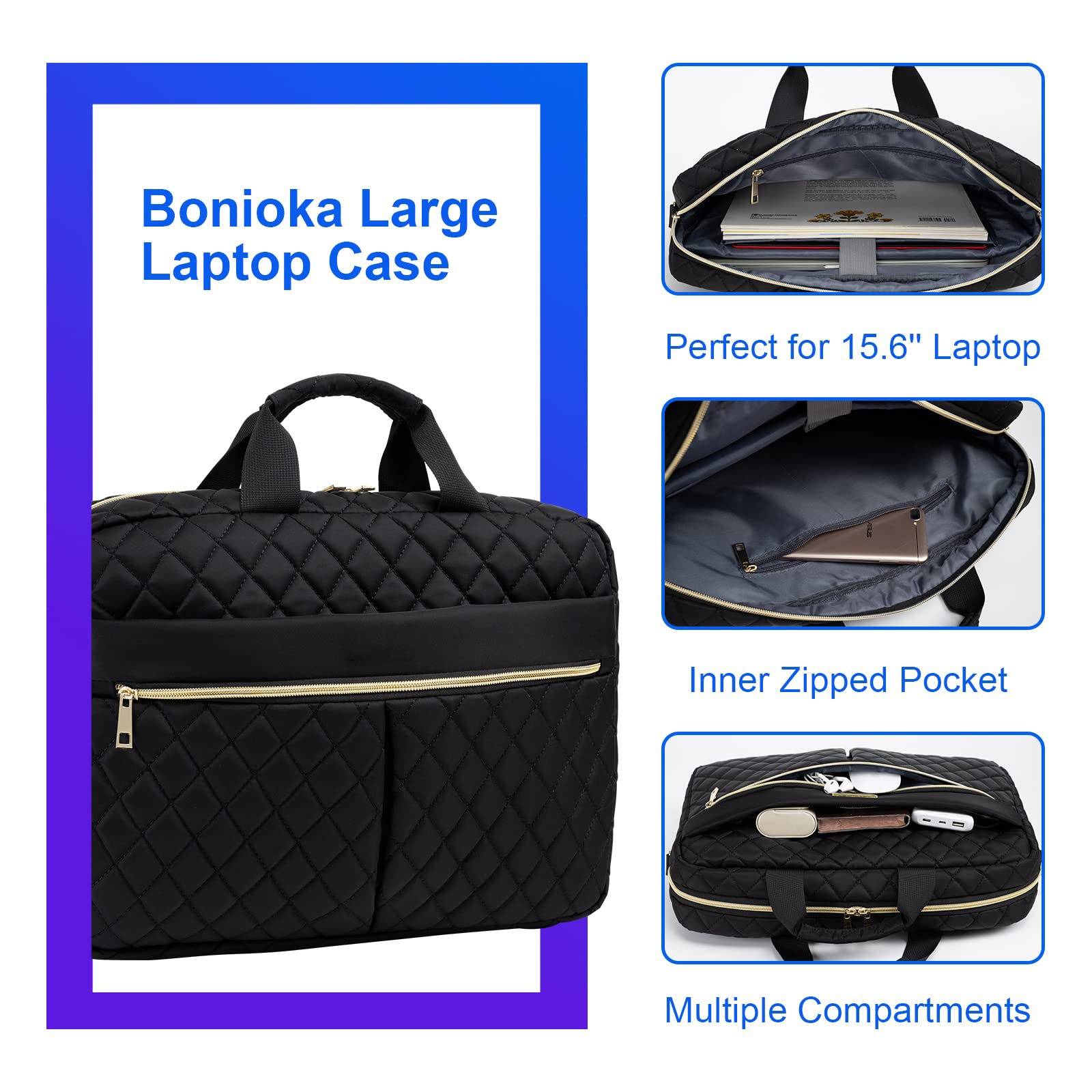 Bonioka großes Laptop-Etui, gezeigt mit drei Ansichten der Funktionen: passt für einen 15,6-Zoll-Laptop, hat eine innere Reißverschlusstasche und mehrere Fächer.