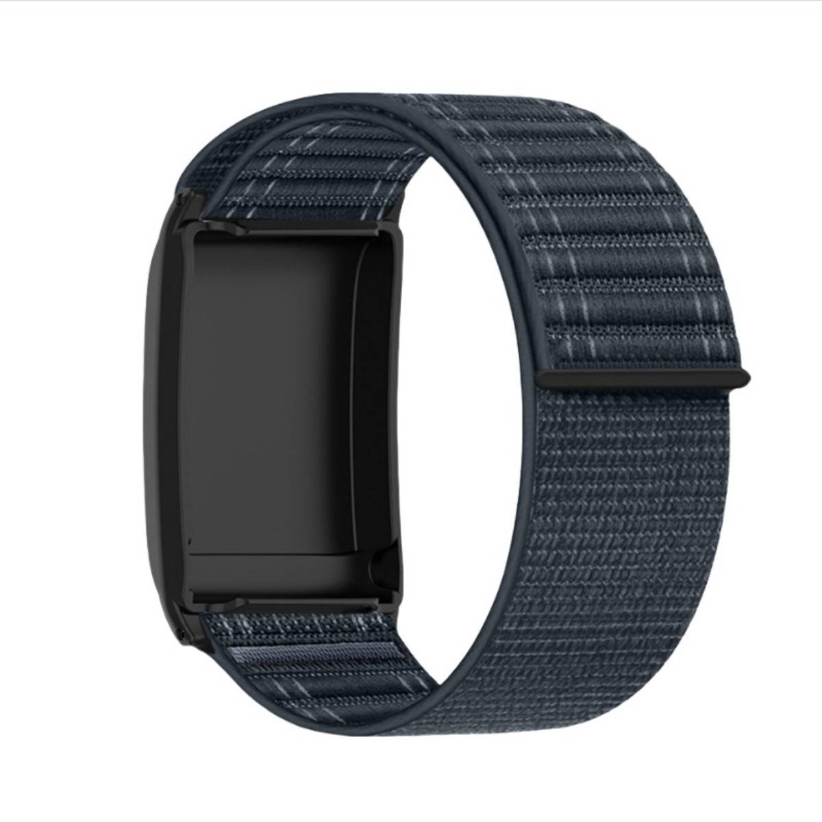 Dunkelgewebtes Smartwatch-Armband mit schwarzem rechteckigem Uhrengehäuse auf weißem Hintergrund.