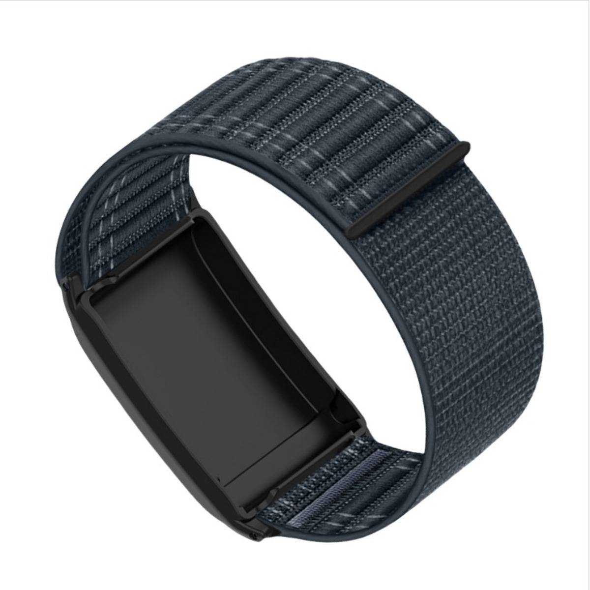 Schwarzes gewebtes Uhr- oder Fitness-Tracker-Band mit rechteckiger schwarzer Schnalle, isoliert auf weißem Hintergrund dargestellt.