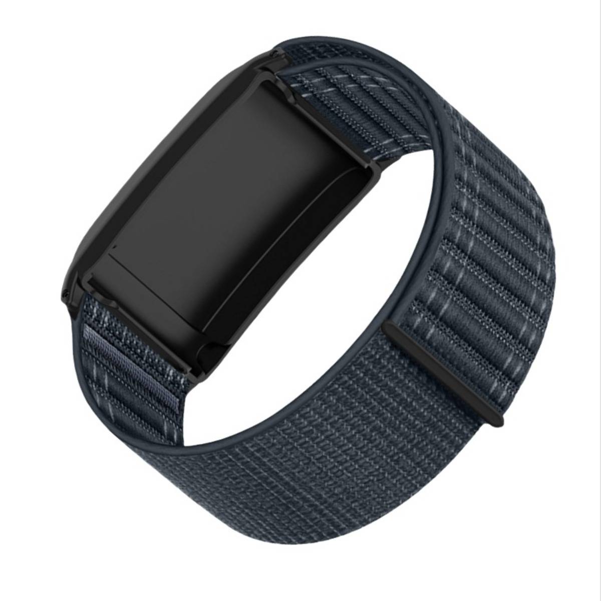 Dunkelblau gewebtes Smartwatch-Armband mit schwarzer rechteckiger Schließe, gezeigt auf weißem Hintergrund.