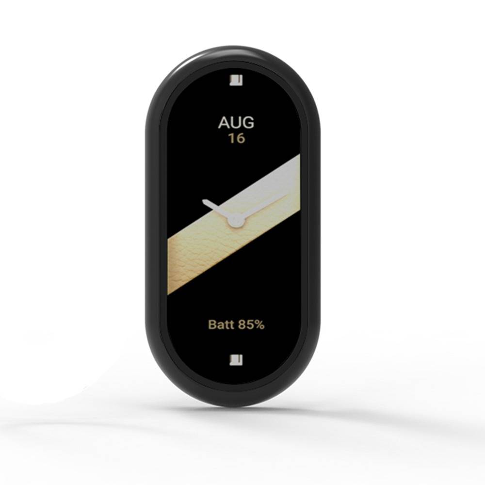 Ovales schwarzes Fitness-Tracker-/Uhrengesicht mit der Anzeige "AUG 16"" und Batteriestand bei 85% mit einem diagonalen, hellgefärbten abstrakten Design