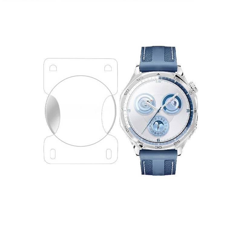 Armbanduhr mit blauem Armband neben einer transparenten Schutzvorrichtung für Uhren auf weißem Hintergrund.