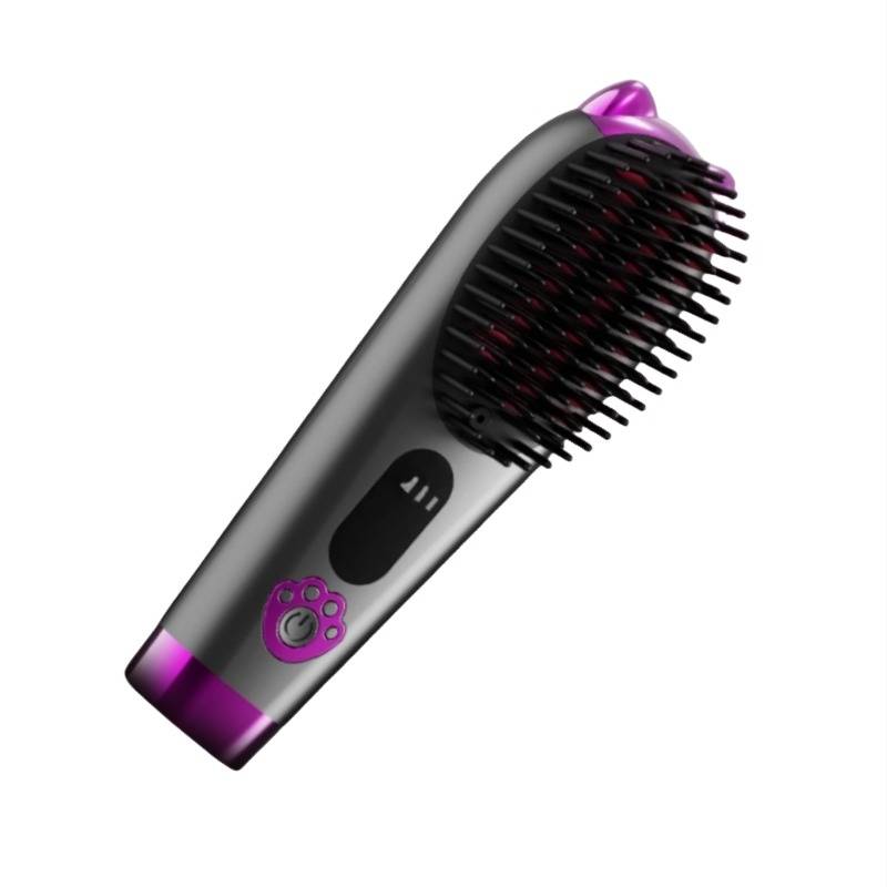 Schwarze und violette elektrische Haarbürste mit Stromschalter und Bürstenkopf, gezeigt auf weißem Hintergrund.