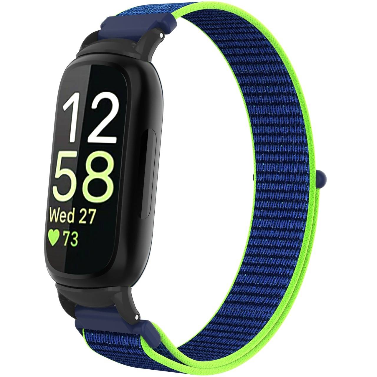 Schwarze Smartwatch mit blauem und neongrünem Armband, auf dem Display '12 58', 'Mi 27' und Herzfrequenz 73 angezeigt.