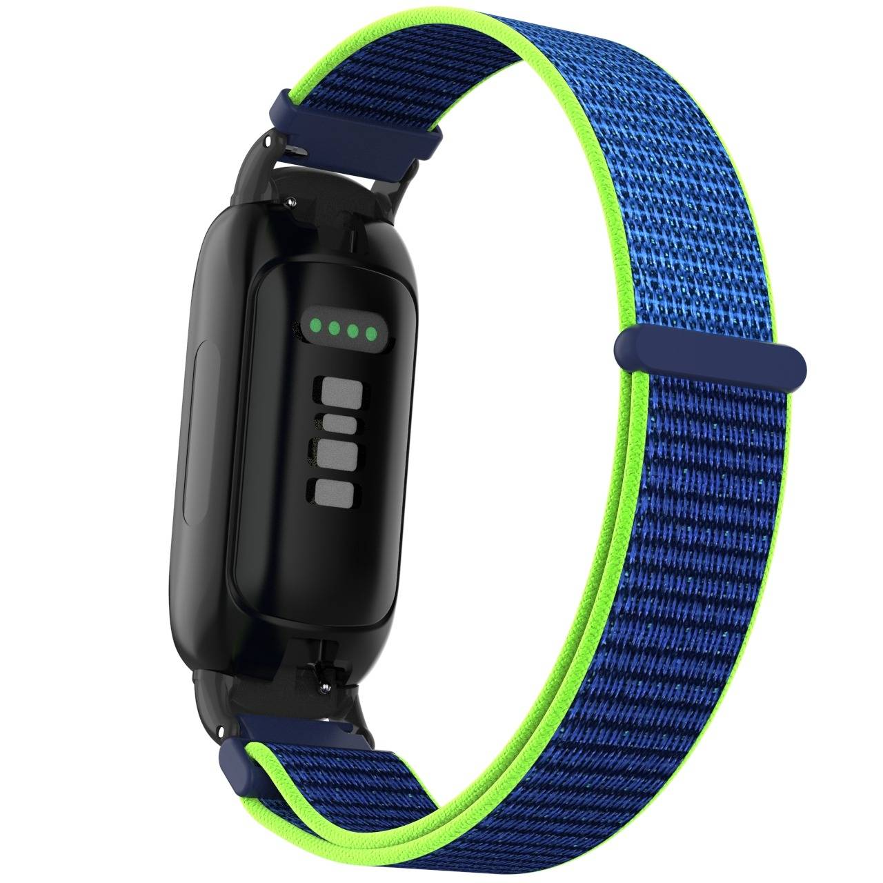 Schwarzer Fitness-Tracker mit verstellbarem blau-neongrünem Armband, zeigt die Rückseite mit Sensorleuchten und Ladekontakten.
