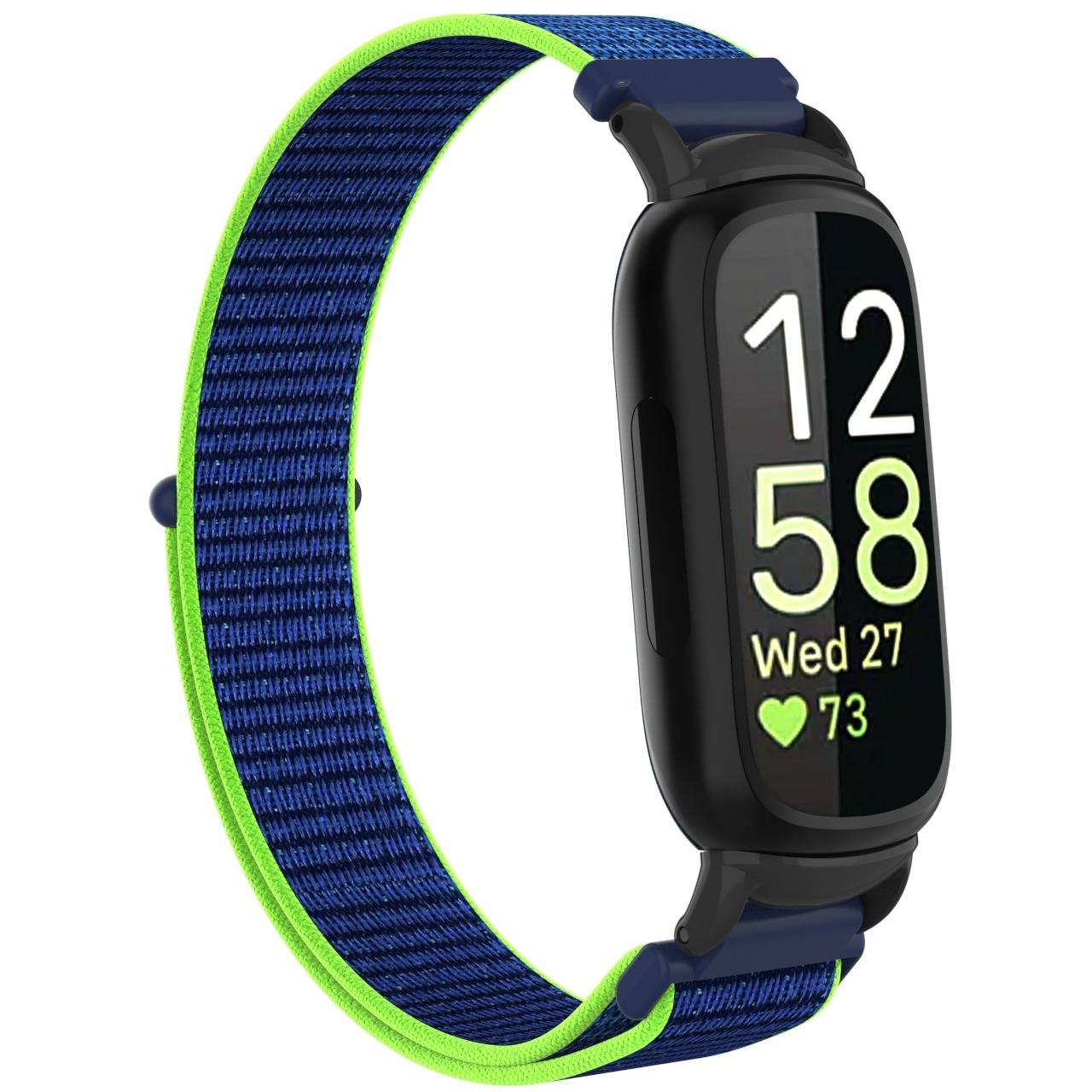 Schwarze Fitness-Smartwatch mit gewebtem blau-neongrünem Armband, zeigt 12:58 an, Mi 27 und Herzfrequenz 73.