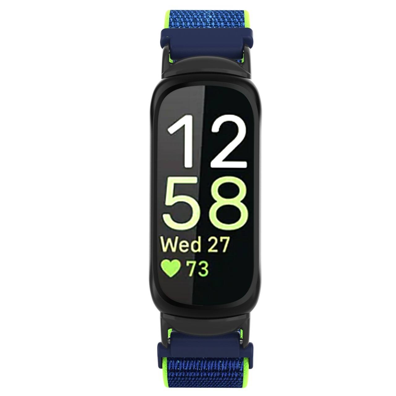 Fitness-Tracker-Smartwatch zeigt 12:58, Mi. 27 und Herzfrequenz 73 auf einem schwarzen Bildschirm mit blauen und grünen Bändern an.