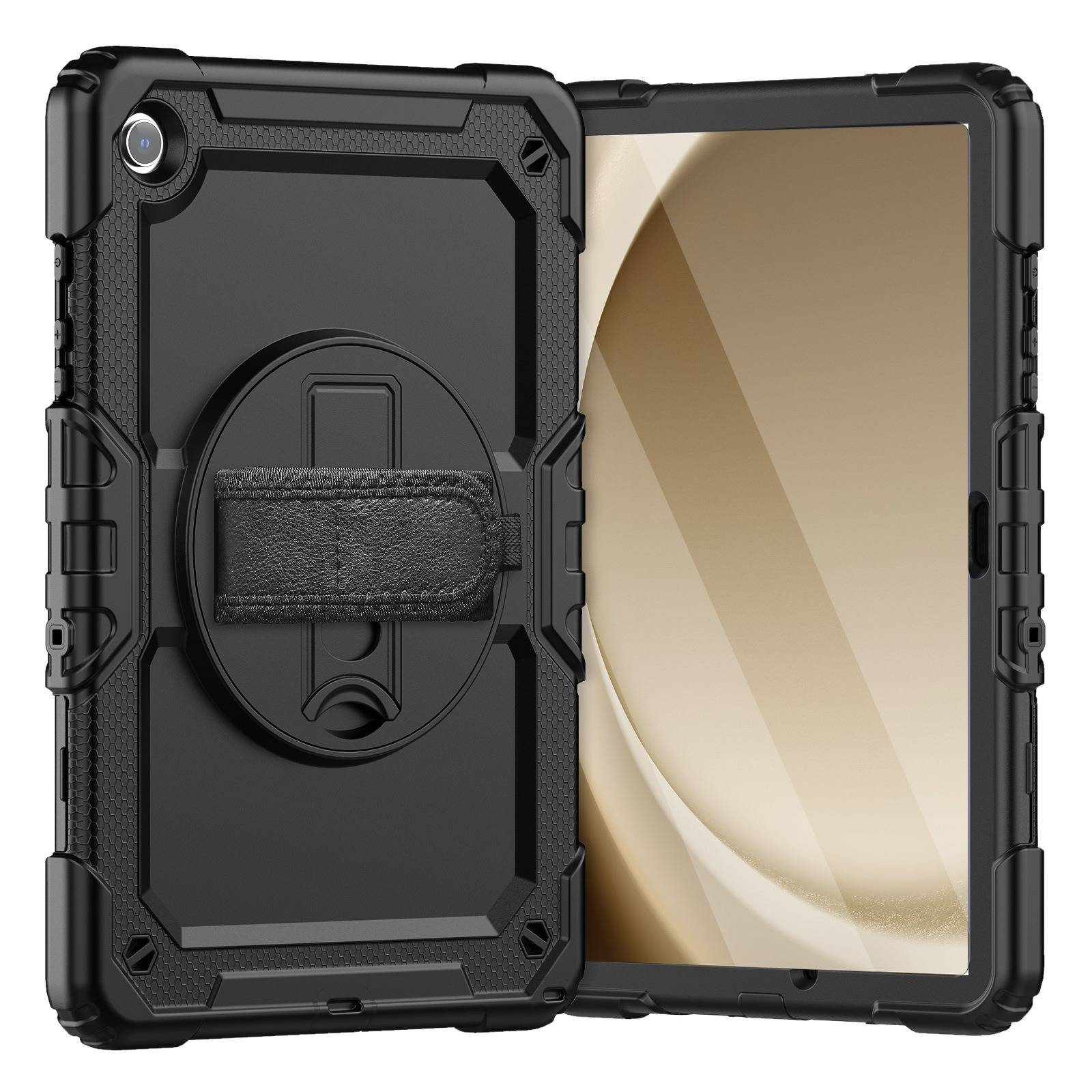 Schwarze robuste Schutztabletthülle mit integriertem Handgriff und Ständer, geöffnet um einen Tabletbildschirm herum dargestellt.