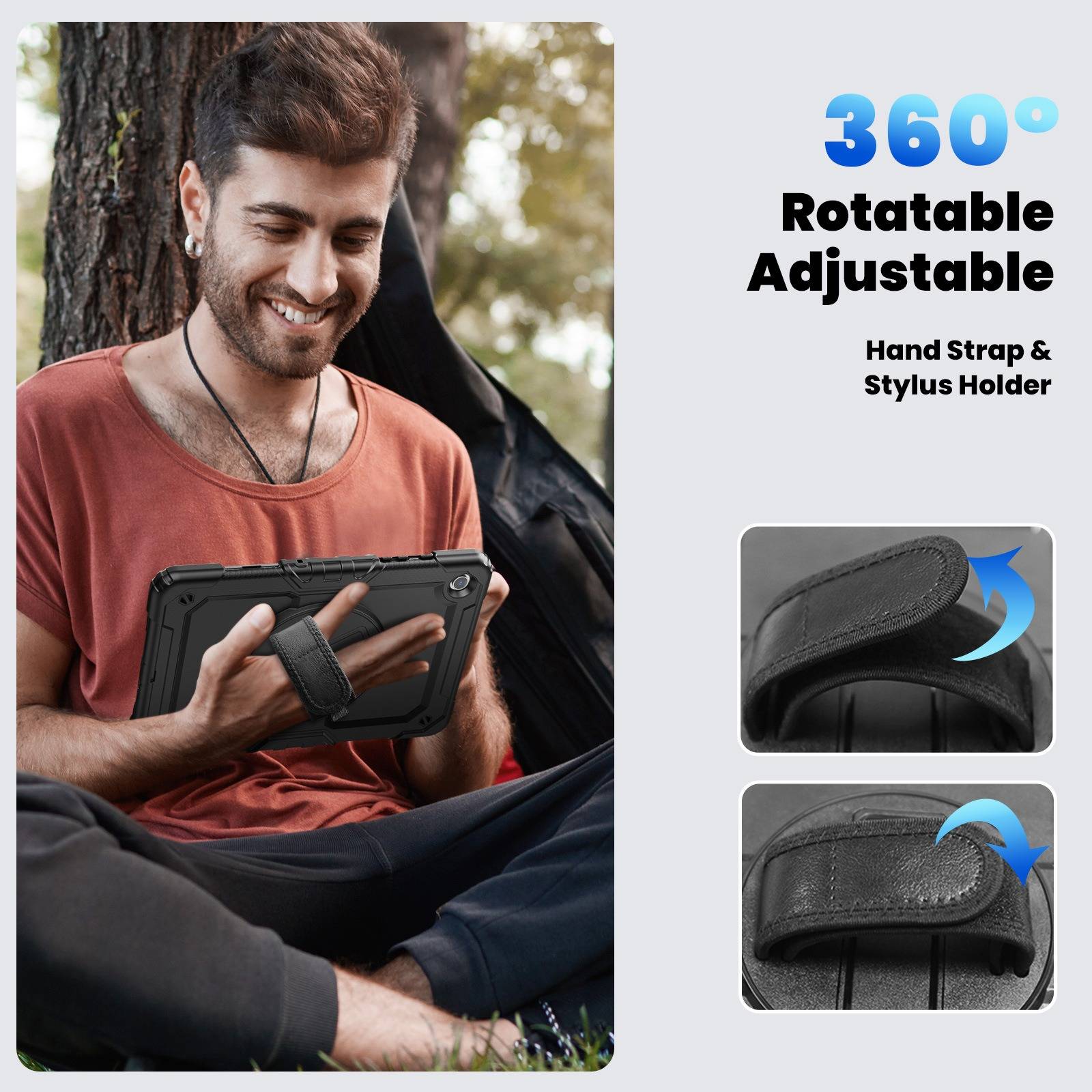 Mann, der ein Tablet mit einer drehbaren Handschlaufen-Halterung benutzt; Text besagt „360° drehbar und verstellbar" und „Handschlaufen- und Stifthalter"", mit detaillierten Produktbildern.