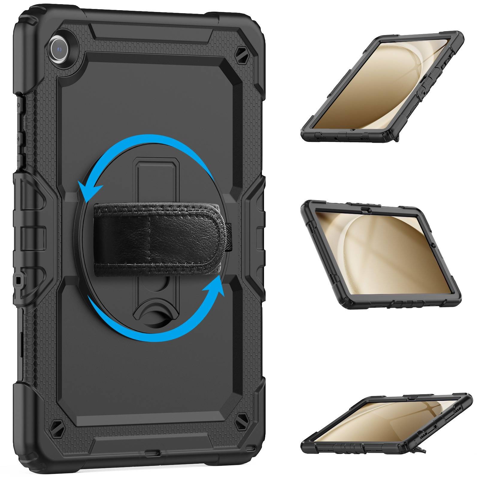 Schwarze robuste Tablet-Schutzhülle mit drehbarem Handgriff, gezeigt aus mehreren Blickwinkeln.
