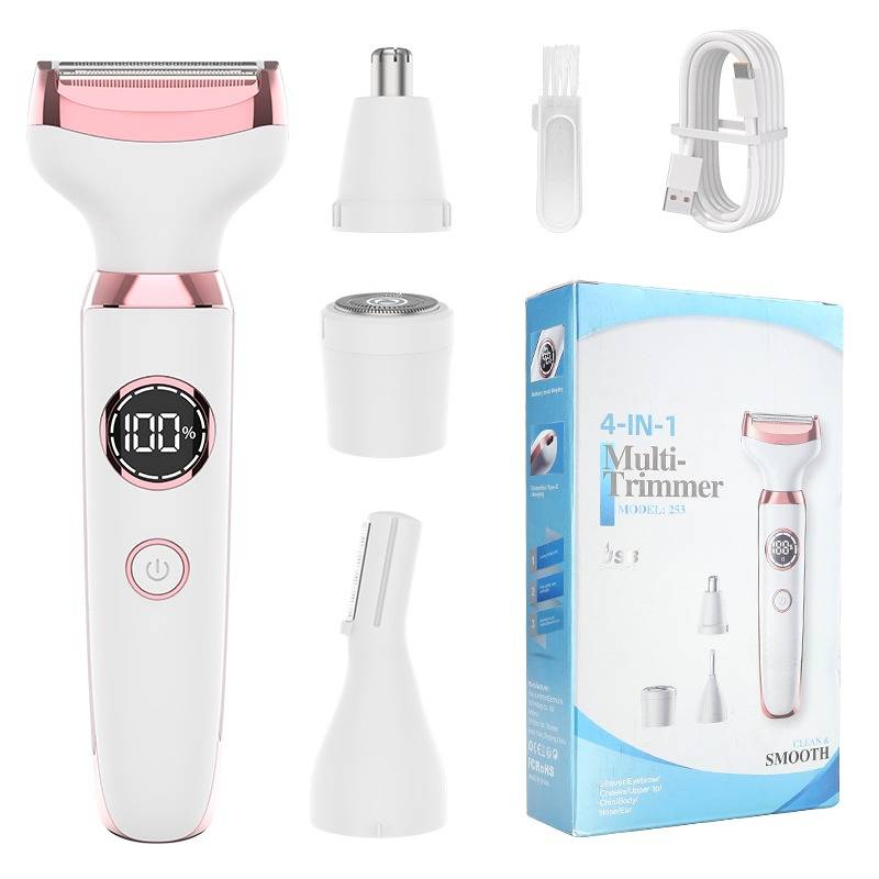 Produktbild eines 4-in-1-Elektromulti-Trimmer-Rasierers mit austauschbaren Köpfen, USB-Ladekabel und Einzelhandelsverpackung; digitale Batterieanzeige zeigt 100%.