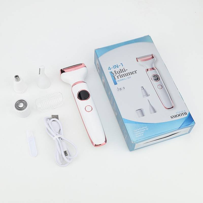 4-in-1 Multi-Trimmer-Set mit weißem und rosa Griff, austauschbaren Köpfen, Ladekabel und Produktbox auf weißem Hintergrund.