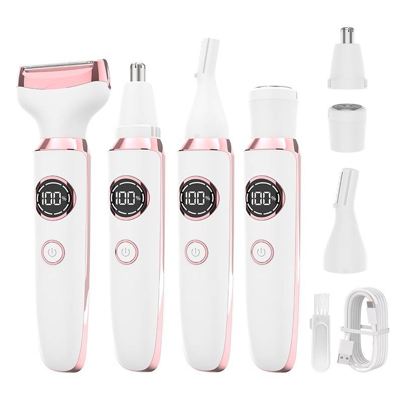 Satz aus weiß-rosa elektrischen Grooming-Geräten mit austauschbaren Köpfen, digitalen Batterieanzeigen, Einschalttasten, Reinigungsbürste und USB-Ladekabel.