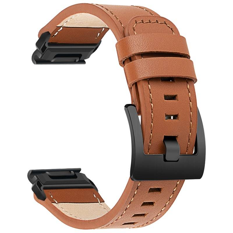 Braunes Lederarmband für Uhren mit schwarzer Schließe und Befestigungsverbindern, auf weißem Hintergrund dargestellt.