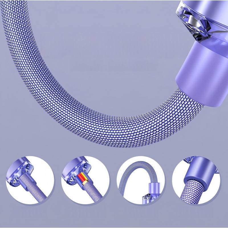 Illustration eines violetten geflochtenen Ladekabels mit verstärktem Stecker, abgebogen, um die Haltbarkeit hervorzuheben, mit vier detaillierten Nahaufnahme-Einsätzen darunter.