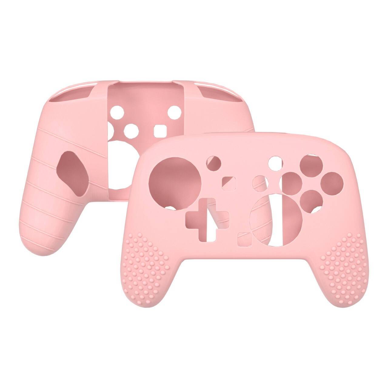 Zwei rosa Silikon-Schutzhüllen für Spielcontroller, eine Vorder- und eine Rückseite, mit Aussparungen für Tasten und Griffe.