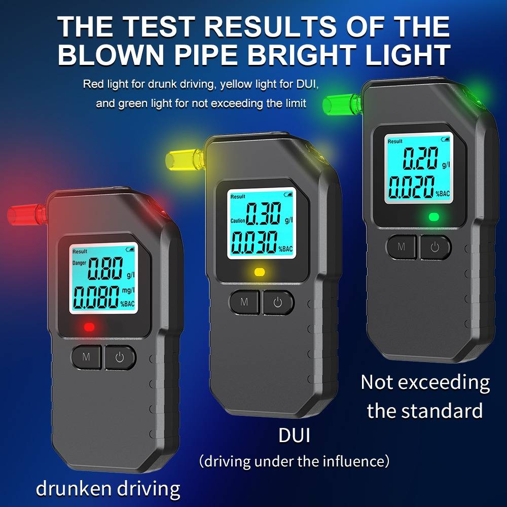 Werbegrafik zeigt einen leuchtenden Atemalkoholtester mit drei Ergebnissen: rot „Fahren unter Alkoholeinfluss", gelb „Fahren unter Alkoholeinfluss (DUI)"" und grün „Grenzwert nicht überschritten"".
