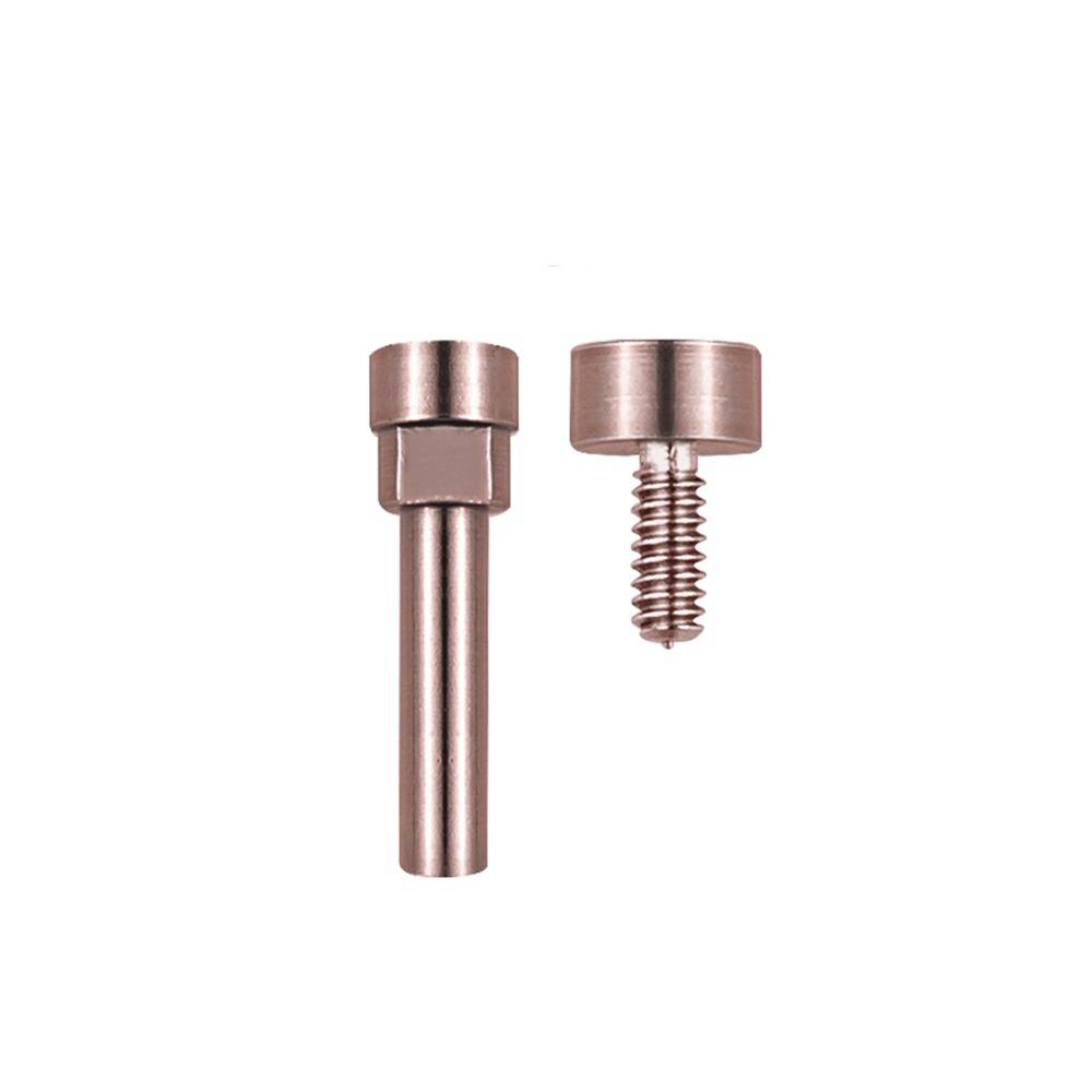 Zwei kupferfarbene Metallfastener auf weißem Hintergrund: ein glatter zylindrischer Stift und eine kurze Schraube mit gewindeförmigen Gewinden und rundem Kopf.