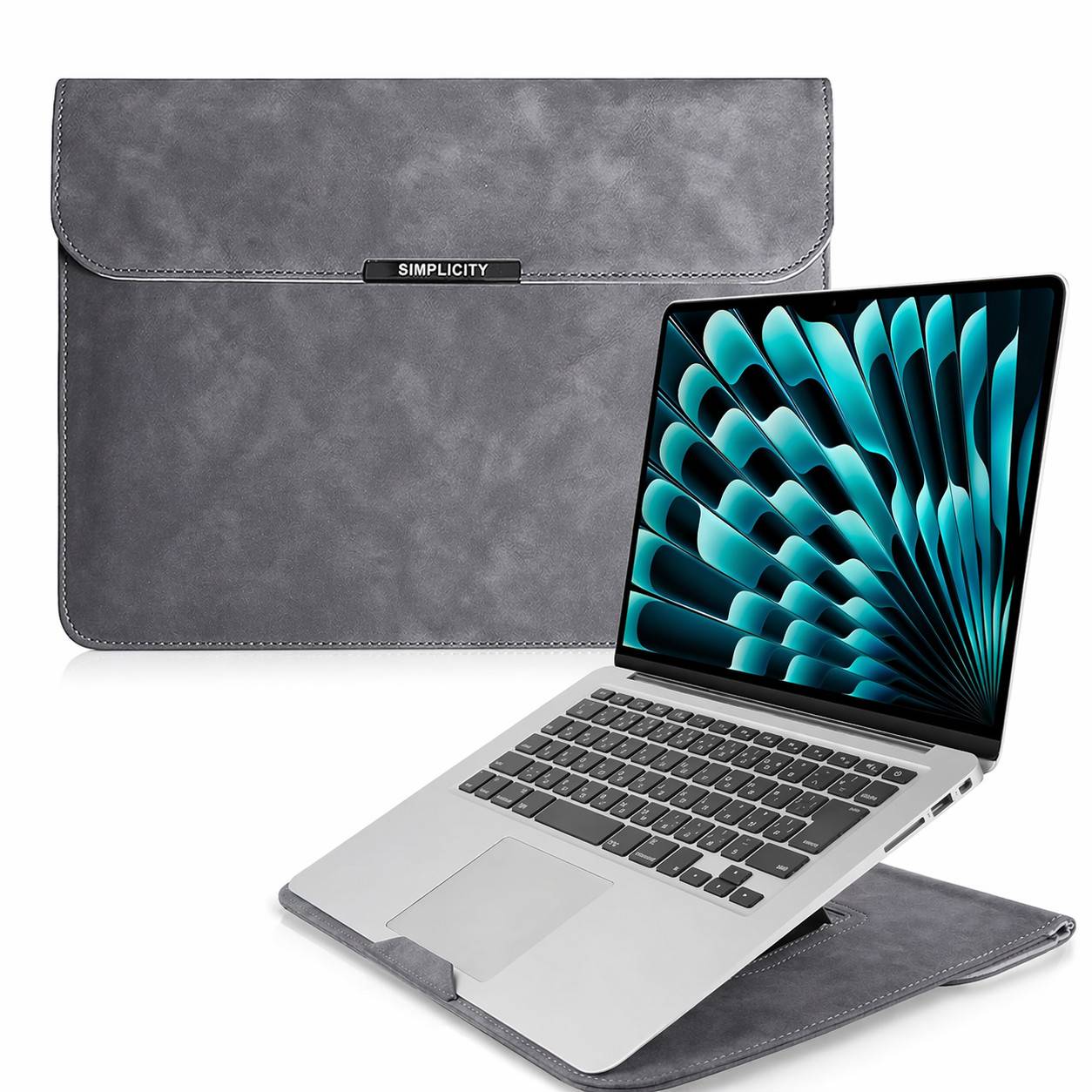 Laptop in einer grauen Schutzhülle mit Klappe mit der Aufschrift 