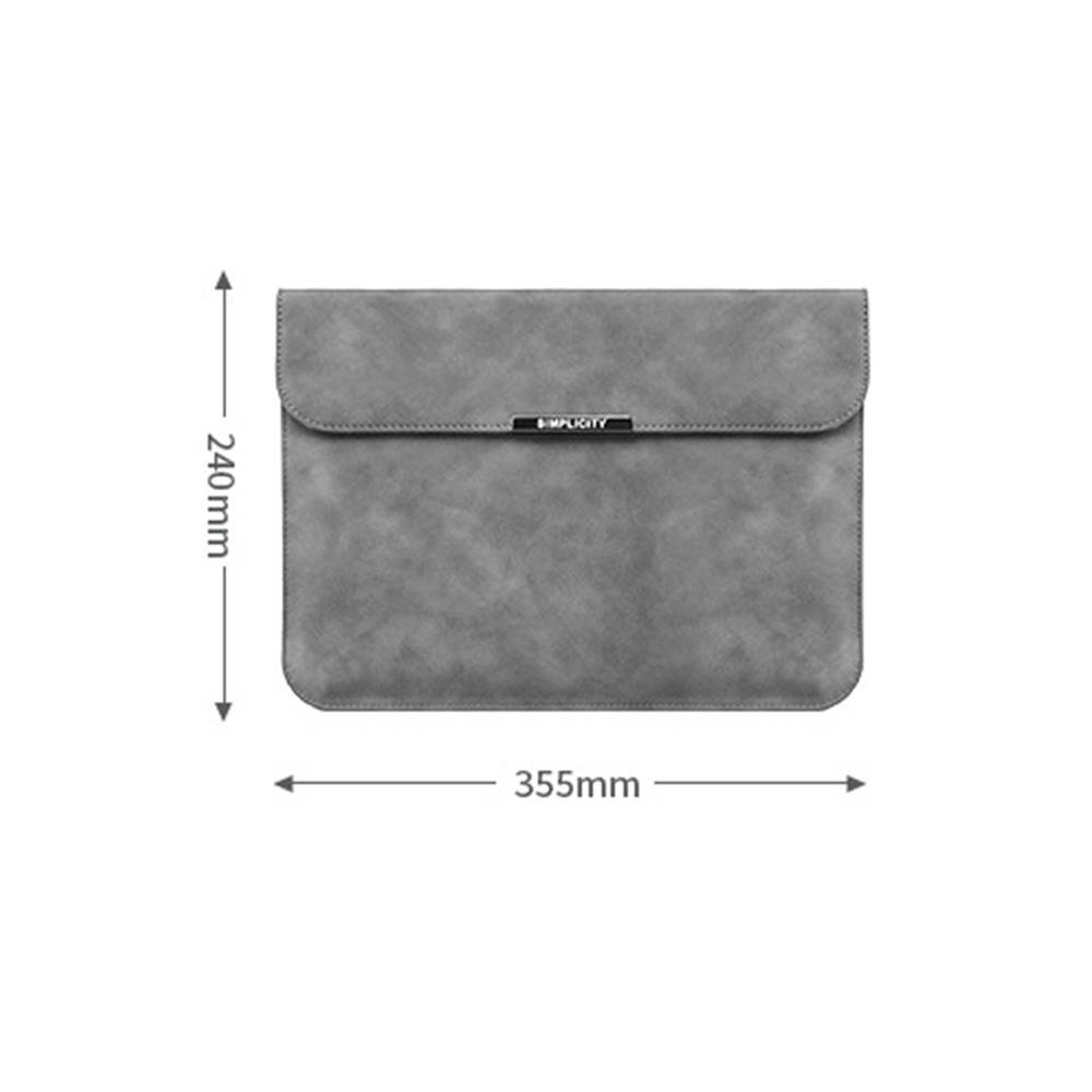 Graue Laptop-Schutzhülle mit Klappenver­schluss, gezeigt mit Größenabmessungen von 355 mm Breite und 240 mm Höhe.