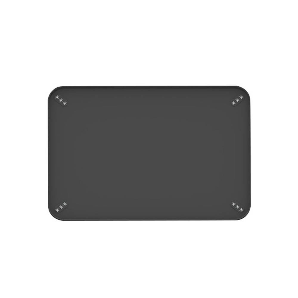 Dunkelgraues Gerät oder Panel mit abgerundeten Ecken und kleinen dekorativen, sternähnlichen Markierungen in der Nähe jeder Ecke, zentriert auf weißem Hintergrund.