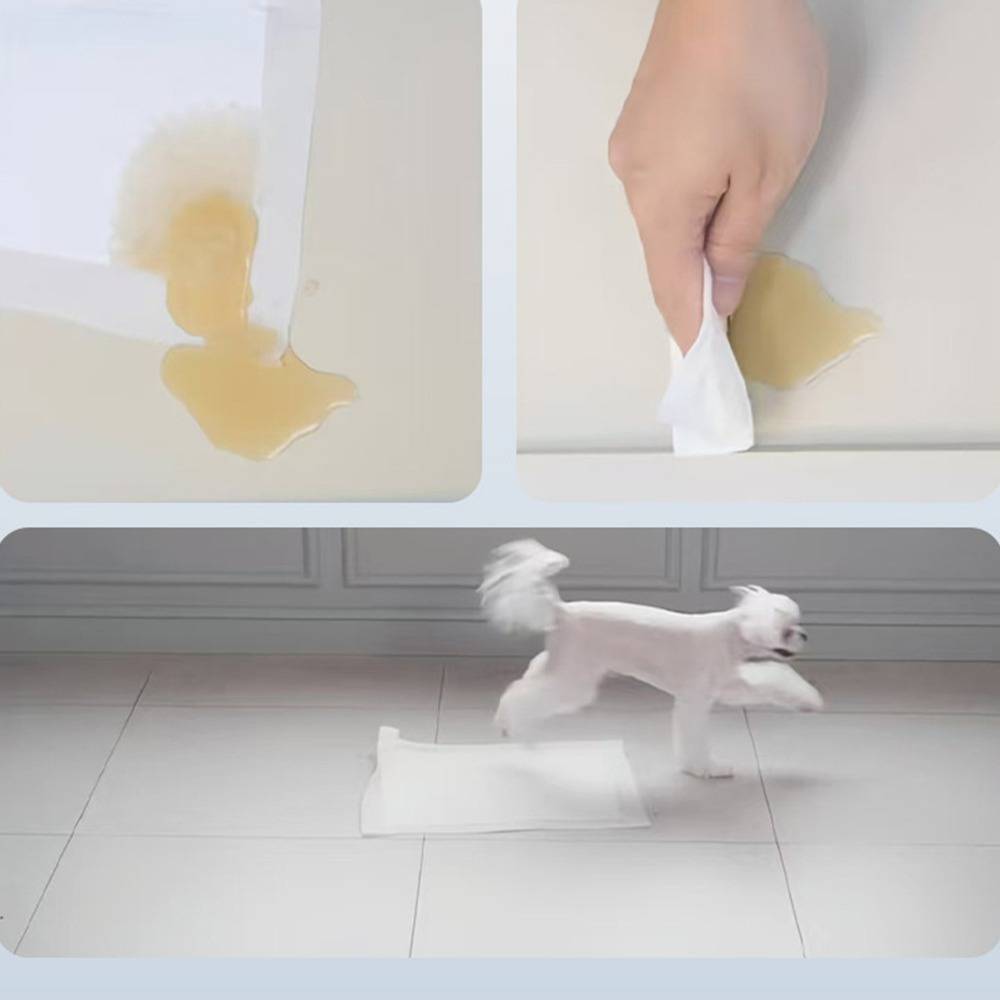Absorbente Matte zur Reinigung von Hundeurin: Eine verschüttete Flüssigkeit auf einem Boden wird mit einem Taschentuch abgewischt, und ein kleiner weißer Hund läuft an einem trockenen Pad auf den Fliesen vorbei.