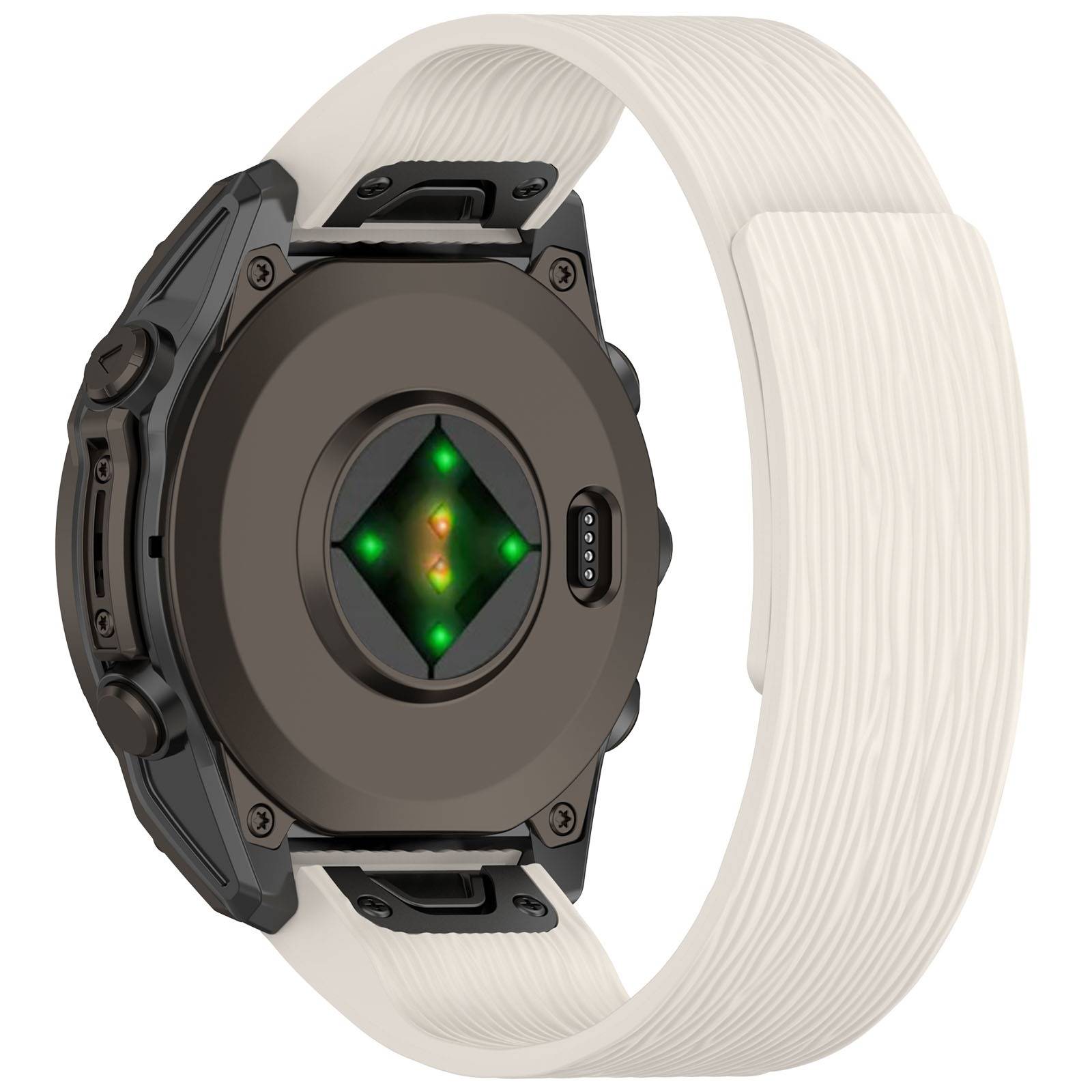 Rückansicht einer robusten Smartwatch mit weißem Armband, die das Sensorfeld und die Ladekontakte am Gehäuse zeigt.