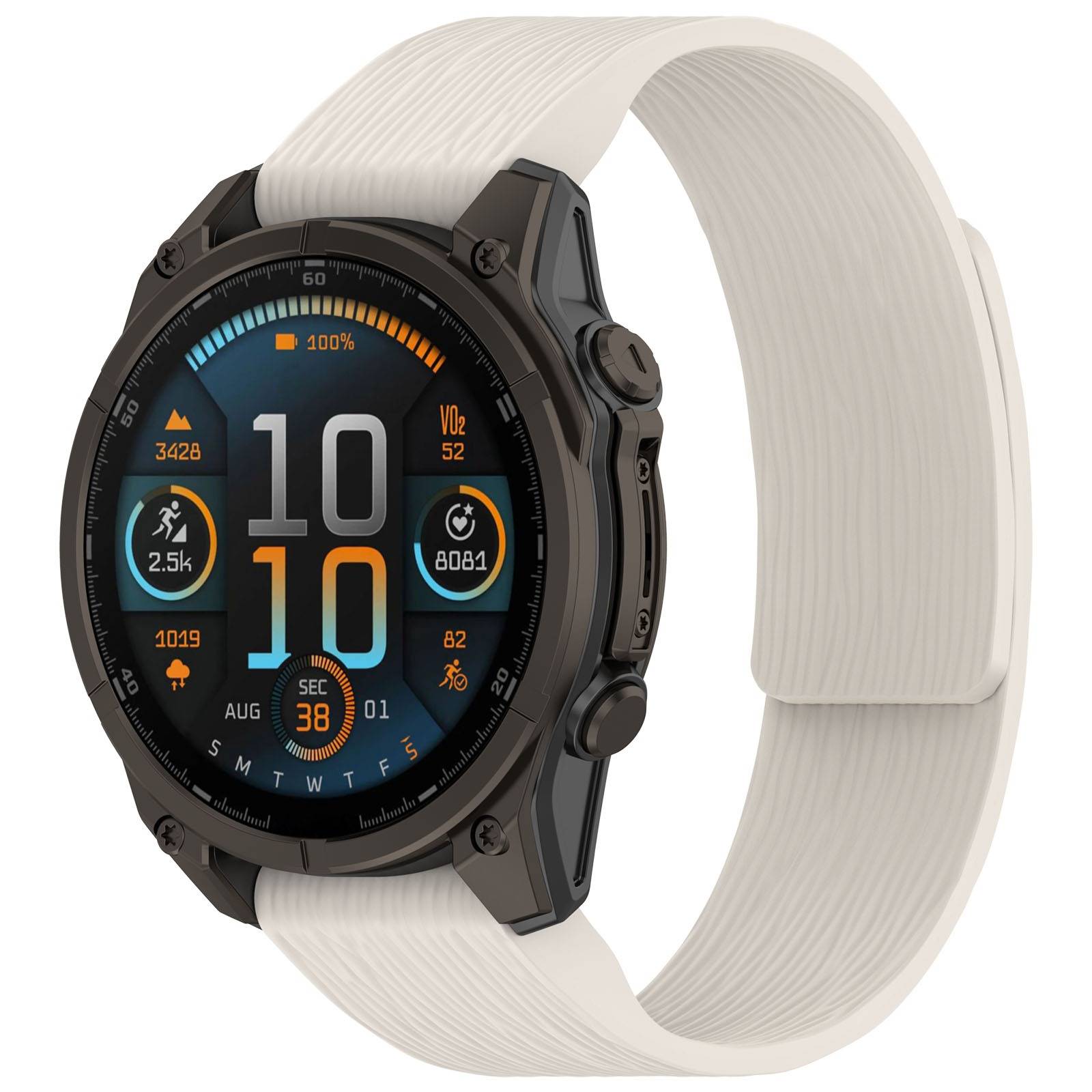 Schwarze runde Smartwatch mit weißem Armband, die digitale Fitness- und Zeitanzeige auf dem Zifferblatt anzeigt.