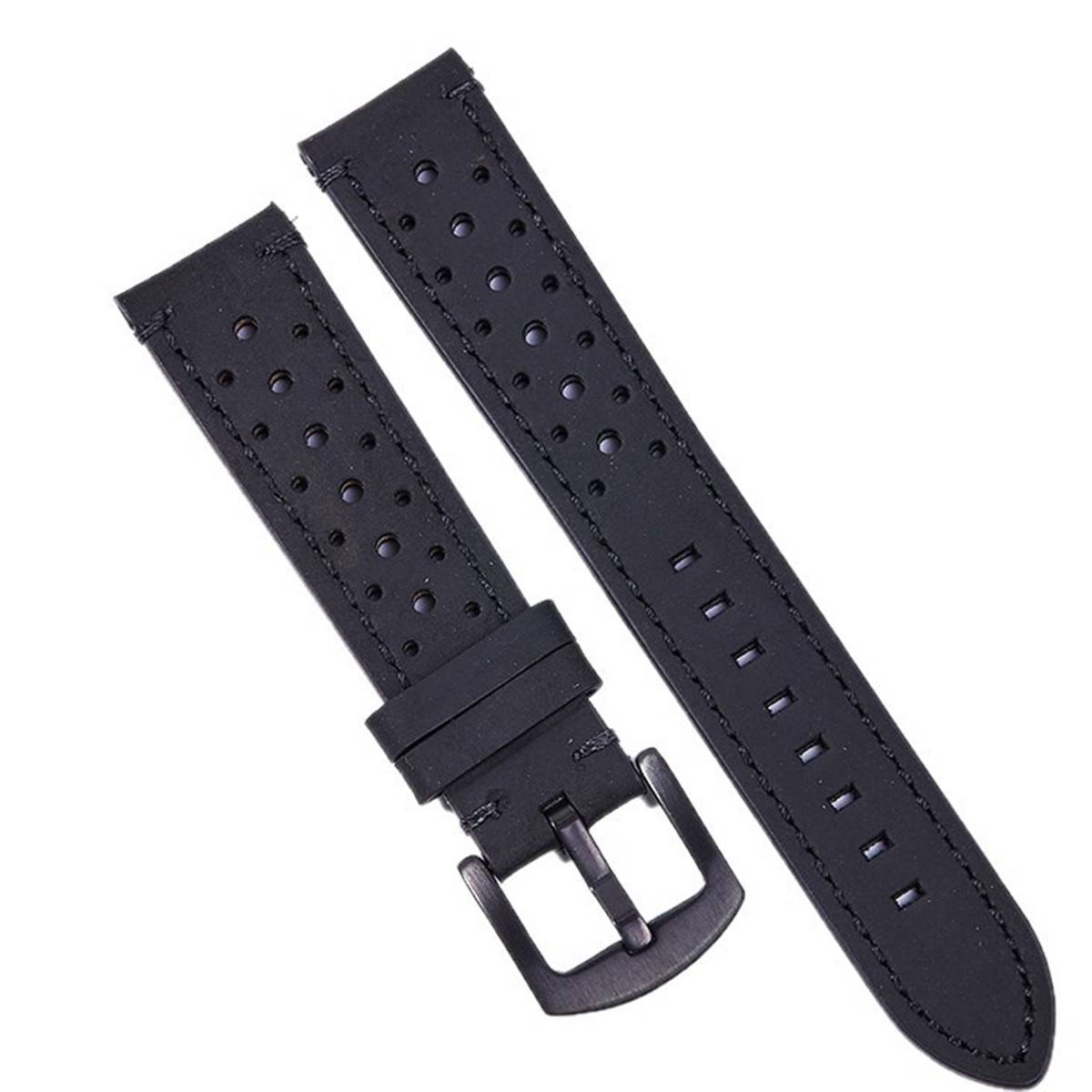 Schwarzes perforiertes Lederuhrarmband mit silberner Schnalle, dargestellt als zwei Riemenstücke auf weißem Hintergrund.