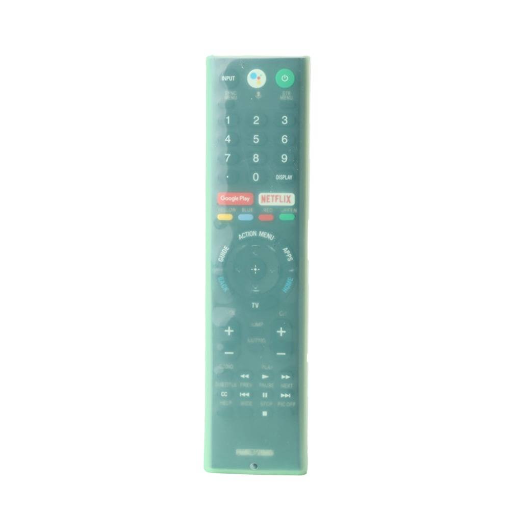 Eine grüne Fernbedienung für den Fernseher mit Zahlenblock, Google Play- und Netflix-Schaltflächen, rundem Richtungspad und Wiedergabesteuerungen.