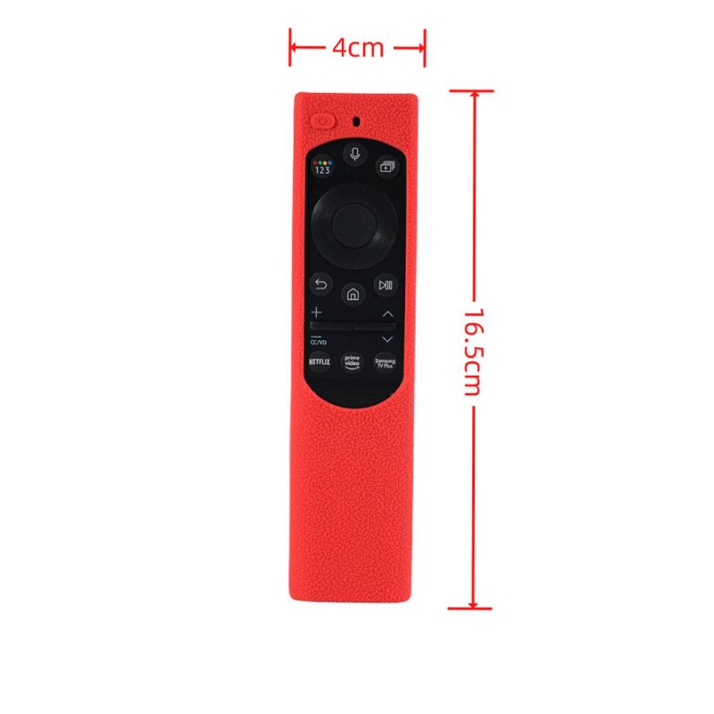 Rote Fernbedienungshülle mit den Abmessungen: 4 cm breit und 16,5 cm hoch.