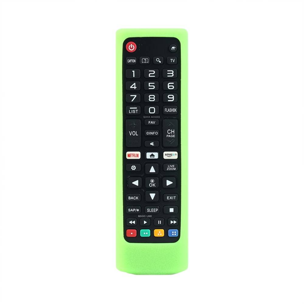 Schwarze Fernbedienung mit grüner Silikonhülle, ausgestattet mit Nummernpad, Navigationstasten, Lautstärke- und Kanalschalter, Netflix- und Home-Taste.