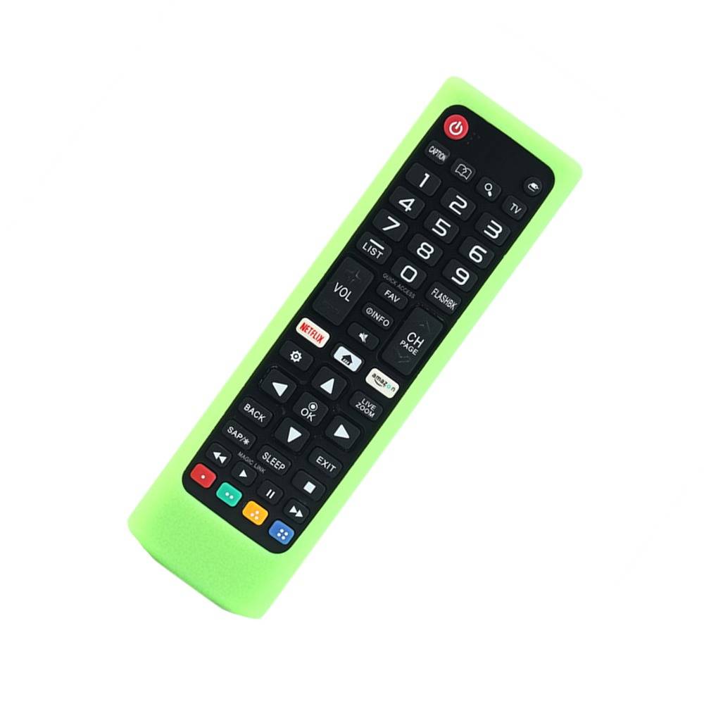 Grüne und schwarze Fernbedienung mit Nummernblock und Funktionstasten, auf weißem Hintergrund dargestellt.
