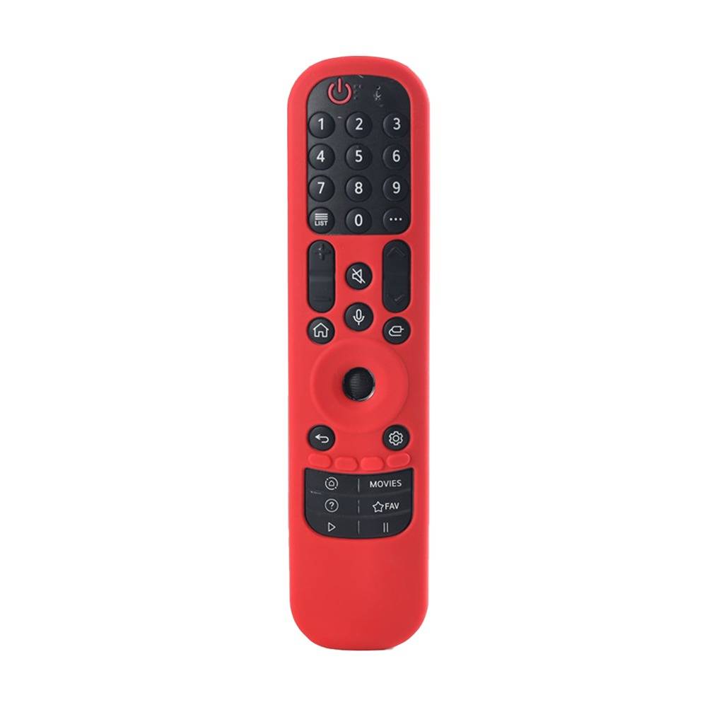 Rote Fernbedienung für Fernseher mit nummerierten Tasten, Stromversorgung, Lautstärke, Stummschalter, Startseite, Mikrofon, Einstellungen und Streaming-Verknüpfungen.