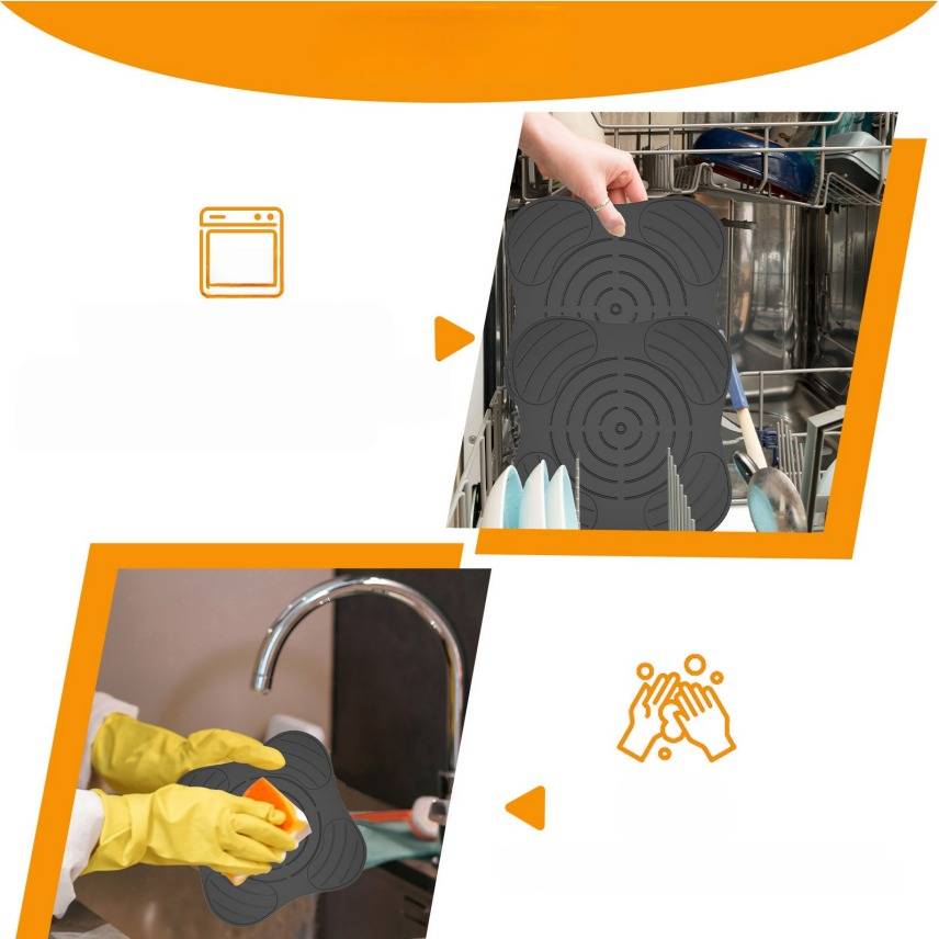 Spülmaschinenfester schwarzer Untersetzer wird in eine Spülmaschine geladen und gewaschen, dann mit einem Schwamm in einem Waschbecken per Hand geschrubbt.