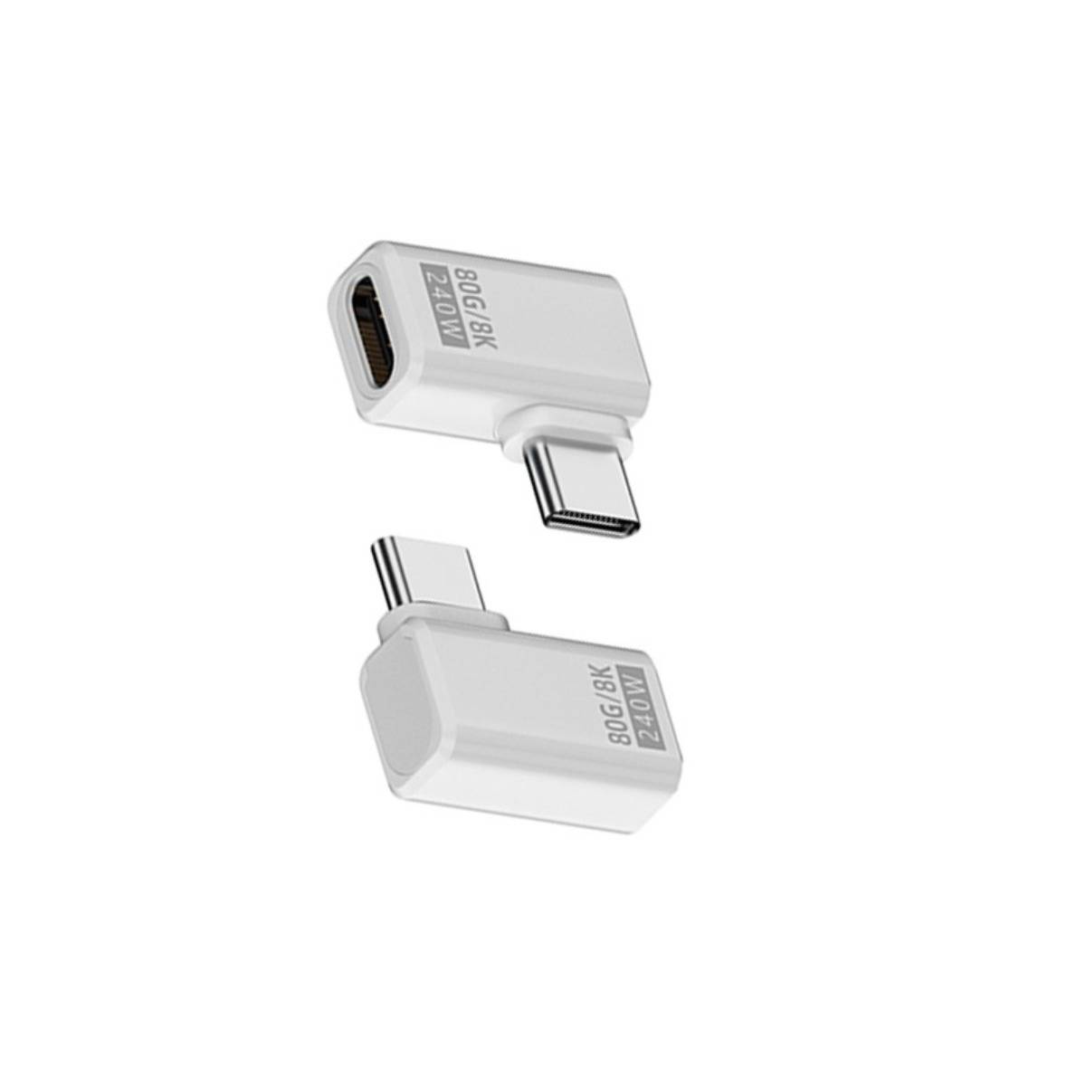 Weißer USB-C-Adapter mit männlichem und weiblichem Ende, gekennzeichnet mit 8B/8K 240W, getrennt auf einfachem Hintergrund dargestellt.