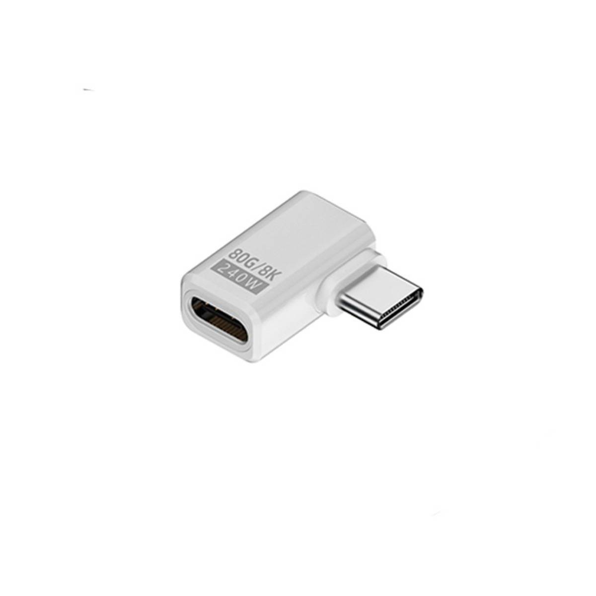 Weißer USB-C-Adapter mit einem 90-Grad-Winkelstecker auf der Stecker-Seite und einer weiblichen USB-C-Buchse, beschriftet mit „240W" und „8K/60"" auf weißem Hintergrund.