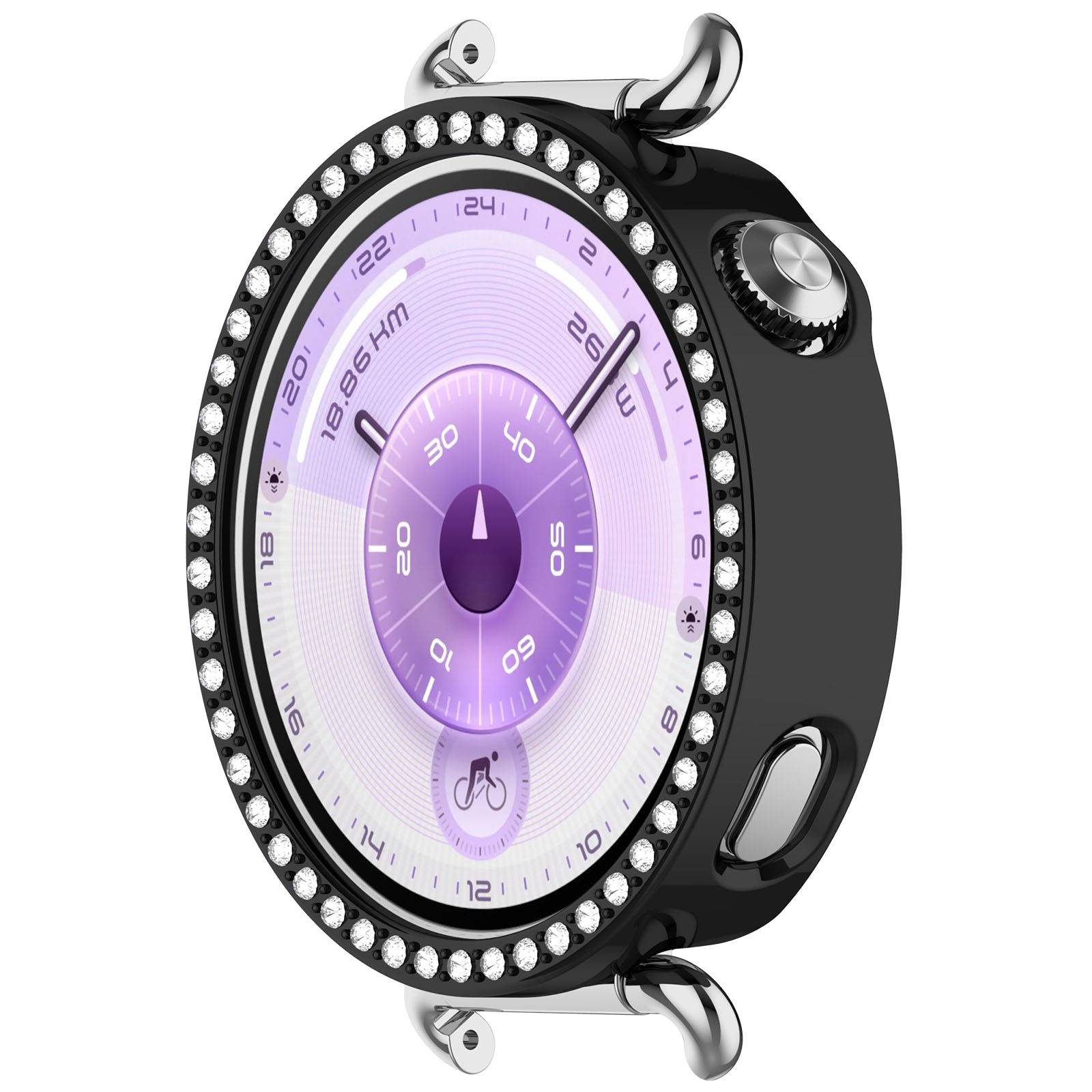 Nahaufnahme eines schwarzen runden Armband-Geräts oder Uhrengehäuses mit einem violetten Zifferblatt, kristallbesetzter Lünette und seitlicher Krone auf weißem Hintergrund.