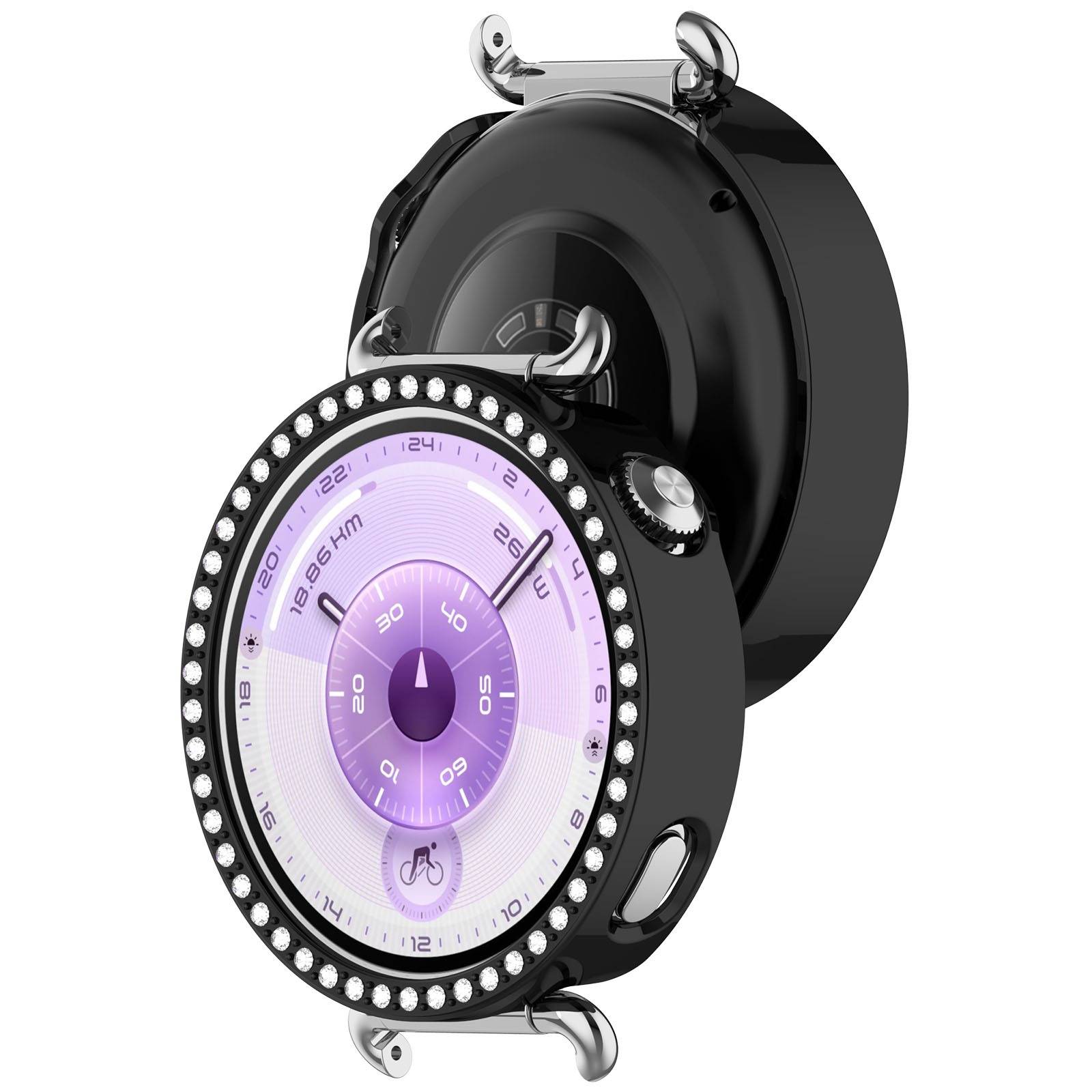 Schwarze runde Smartwatch mit violettem analogem Display und Strass-Lünette, gezeigt auf einer Halterung oder einem Ständer.